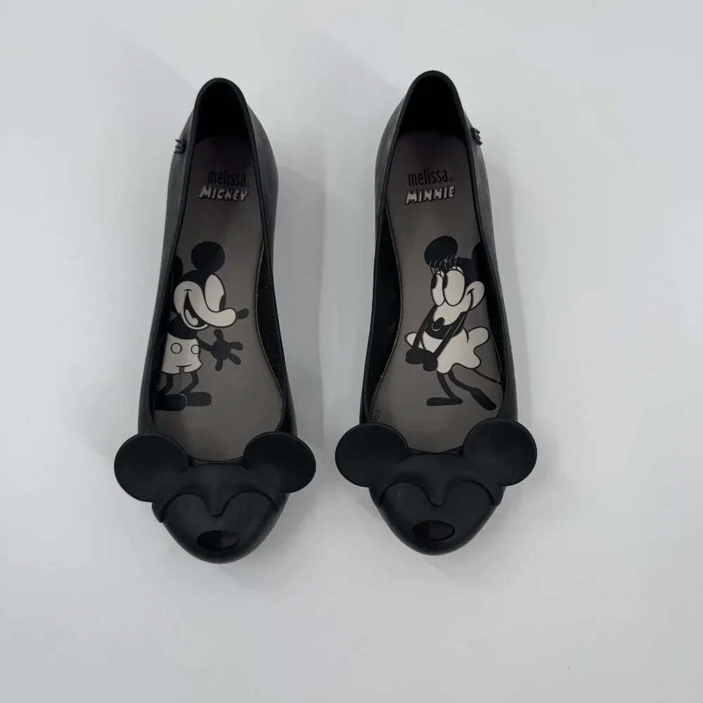 Melissa Mickey & Minnie Mouse Black Peep Toe Flats - Womens Size 5 - Picture 2 of 10